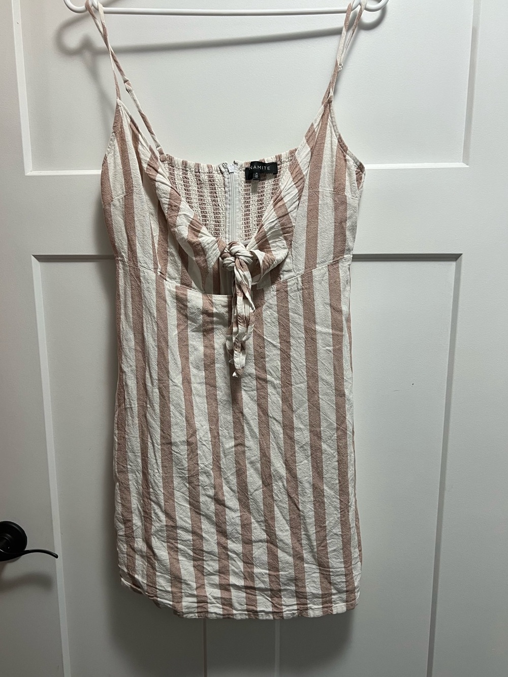 Dynamite Cream & Tan Striped Linen blend Tie-Front Dress - medium